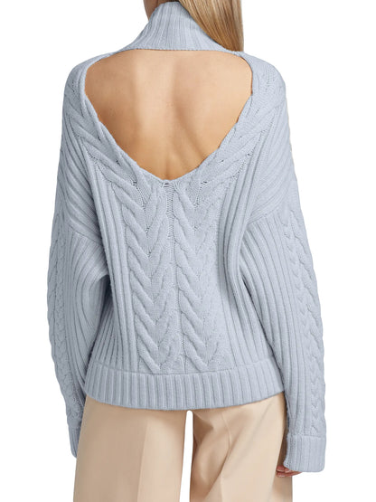 Wool Cashmere Open Back Cable Knit Quarter Zip Blue Sweater | Sz XSmall
