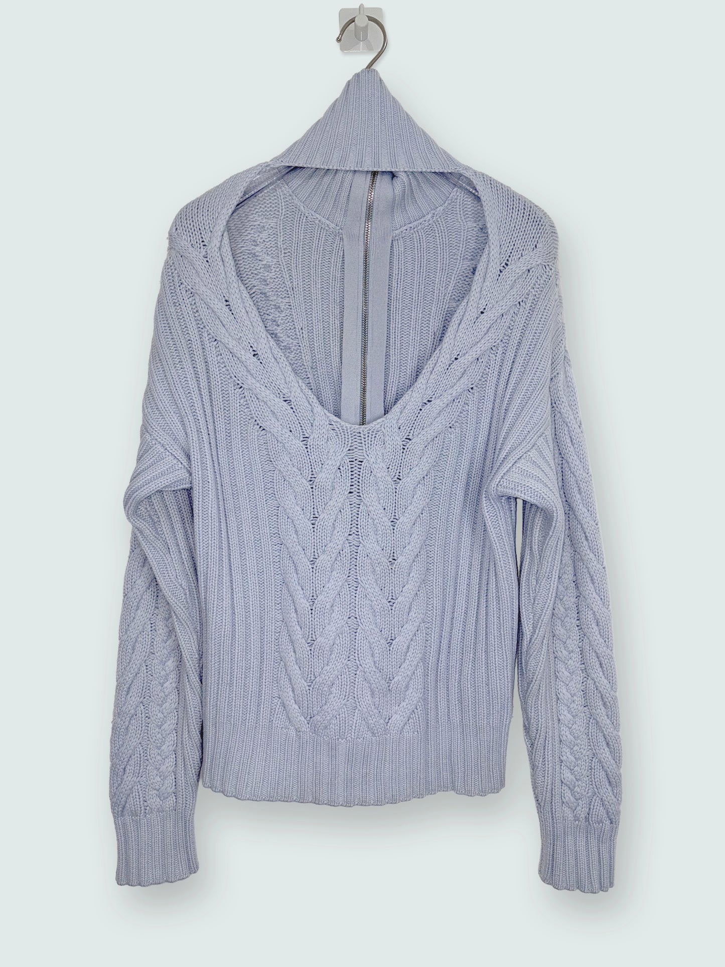 Wool Cashmere Open Back Cable Knit Quarter Zip Blue Sweater | Sz XSmall