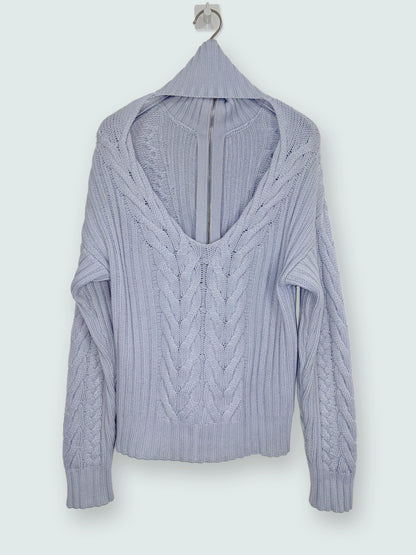 Wool Cashmere Open Back Cable Knit Quarter Zip Blue Sweater | Sz XSmall