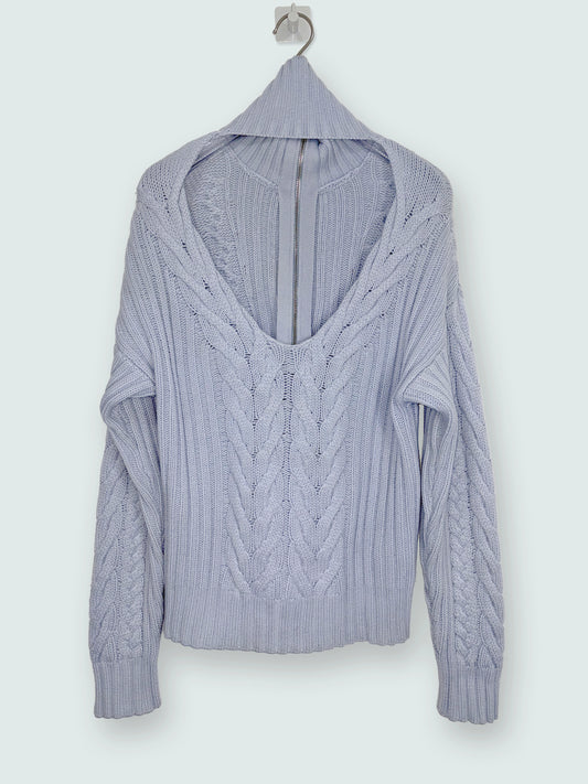 Wool Cashmere Open Back Cable Knit Quarter Zip Blue Sweater | Sz XSmall