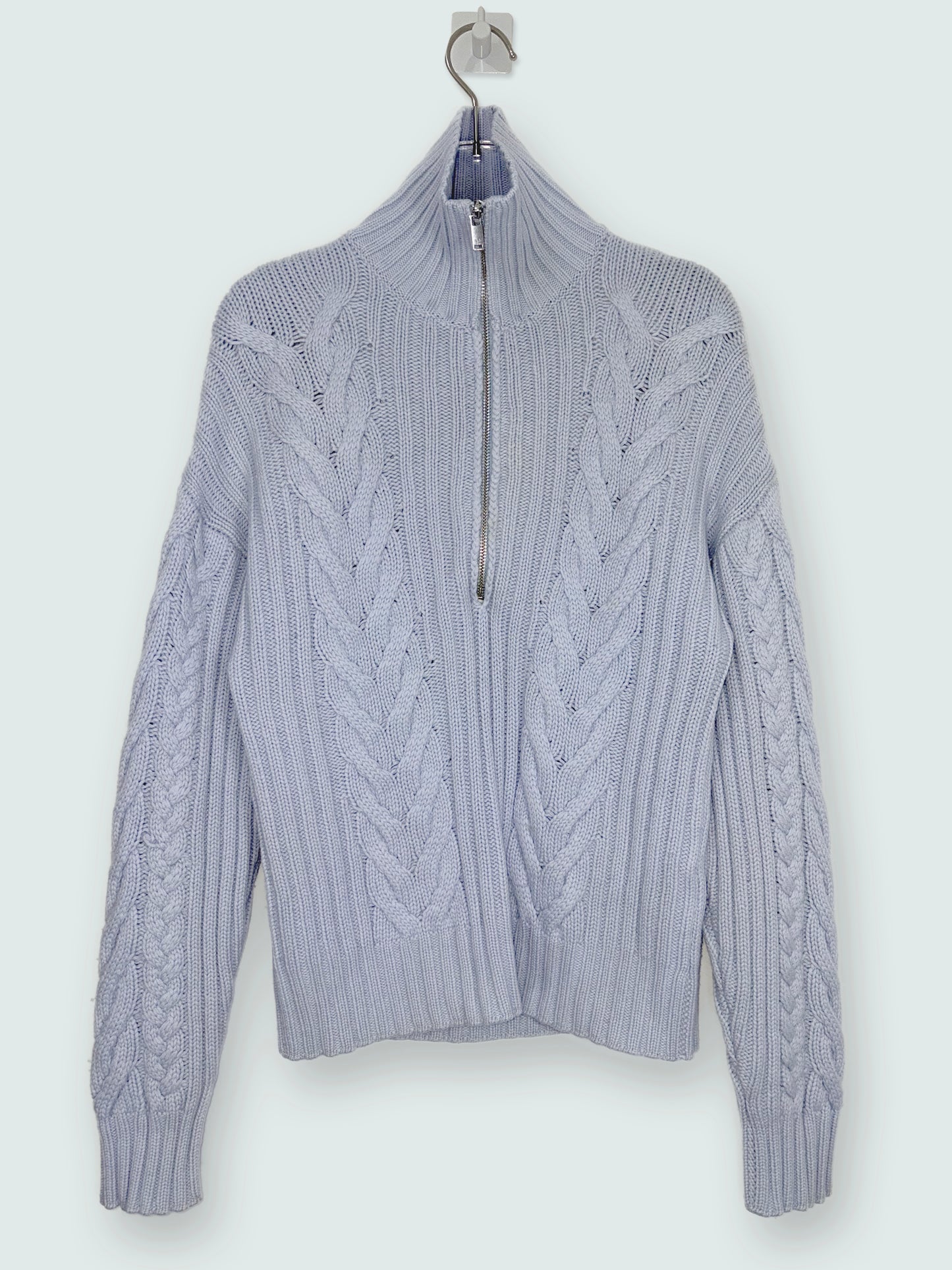 Wool Cashmere Open Back Cable Knit Quarter Zip Blue Sweater | Sz XSmall