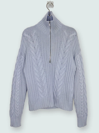 Wool Cashmere Open Back Cable Knit Quarter Zip Blue Sweater | Sz XSmall