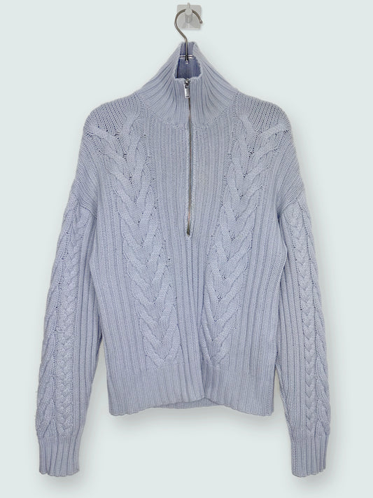 Wool Cashmere Open Back Cable Knit Quarter Zip Blue Sweater | Sz XSmall