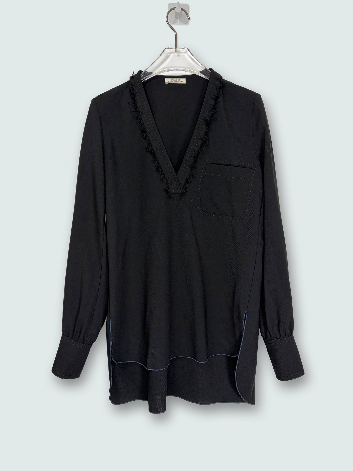 100% Virgin Wool Black V Neck Blouse | Sz FR34 ~ Small