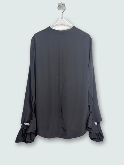 100% Silk Black Blouse Ruffle Sleeves | Sz FR 36 ~ Fits S-M
