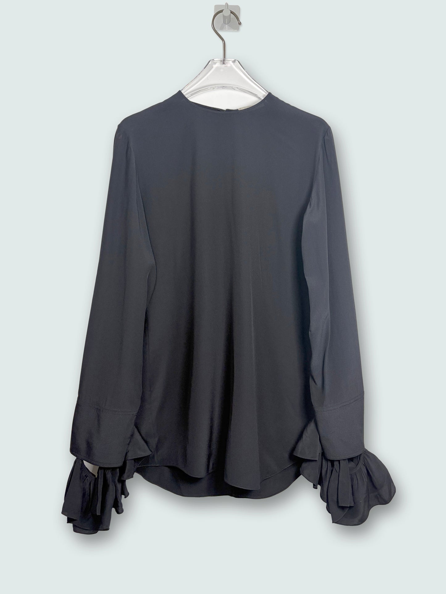 100% Silk Black Blouse Ruffle Sleeves | Sz FR 36 ~ Fits S-M