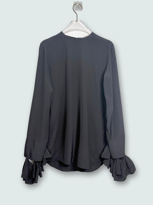 100% Silk Black Blouse Ruffle Sleeves | Sz FR 36 ~ Fits S-M
