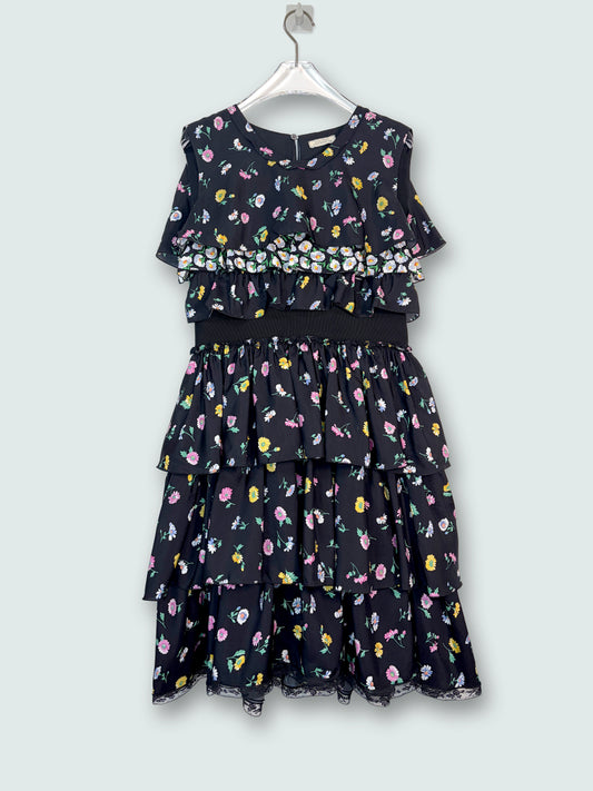 100% Silk Sleeveless Black Floral Tiered Lace Ruffle Dress |Sz FR40