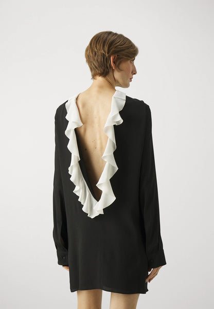 Black White Ruffle Collar Contrast Long Sleeve Dress | Sz IT38 ~ Small