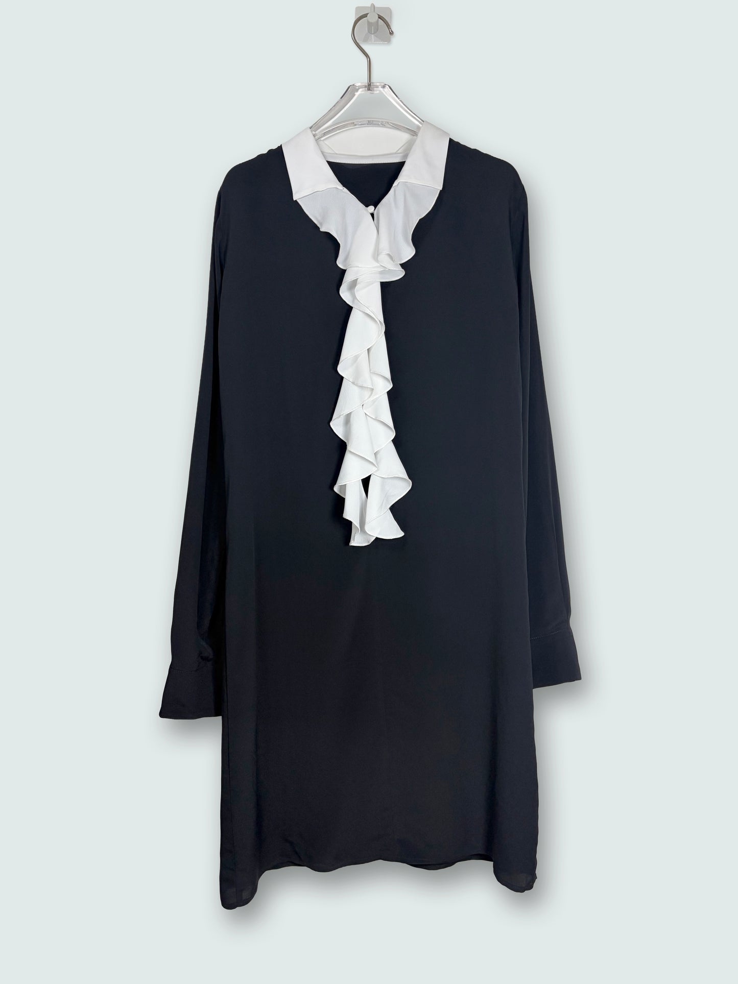 Black White Ruffle Collar Contrast Long Sleeve Dress | Sz IT38 ~ Small