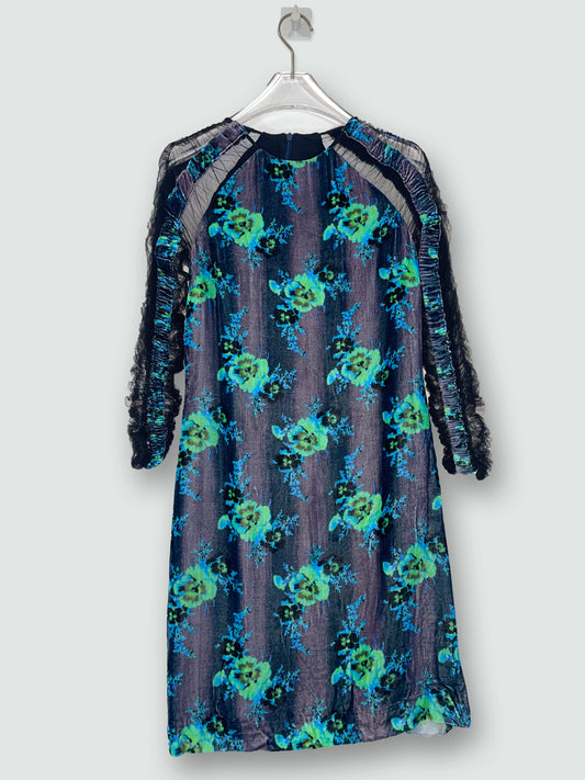 Pre Fall 2013 Ruched Tulle Velvet Floral Blue Dress | Size XS