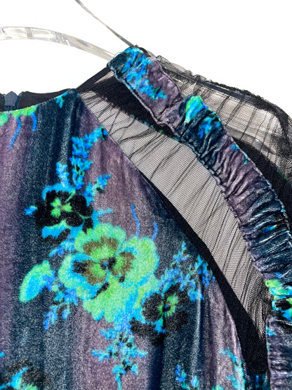 Pre Fall 2013 Ruched Tulle Velvet Floral Blue Dress | Size XS