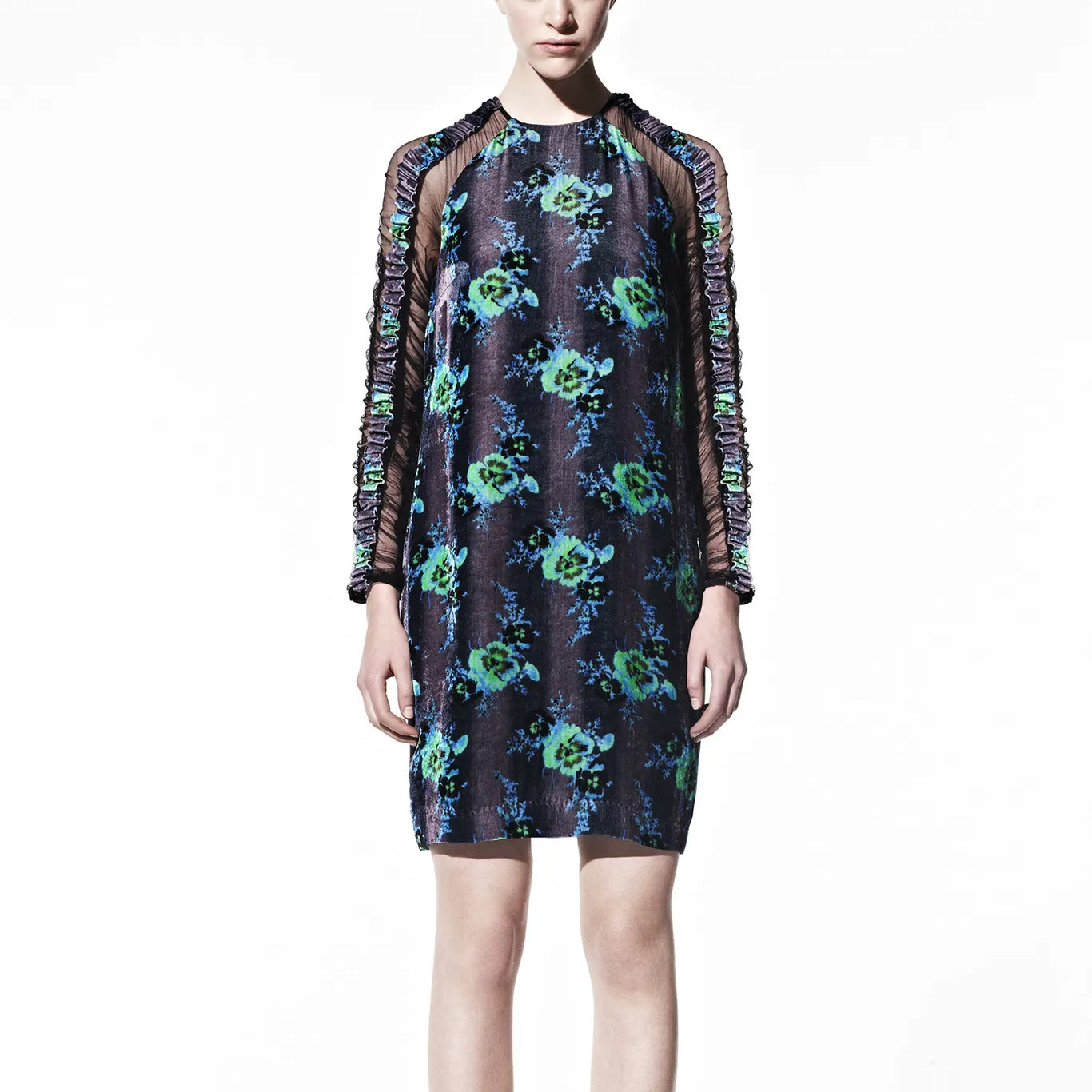 Pre Fall 2013 Ruched Tulle Velvet Floral Blue Dress | Size XS