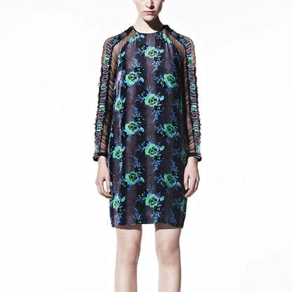 Pre Fall 2013 Ruched Tulle Velvet Floral Blue Dress | Size XS