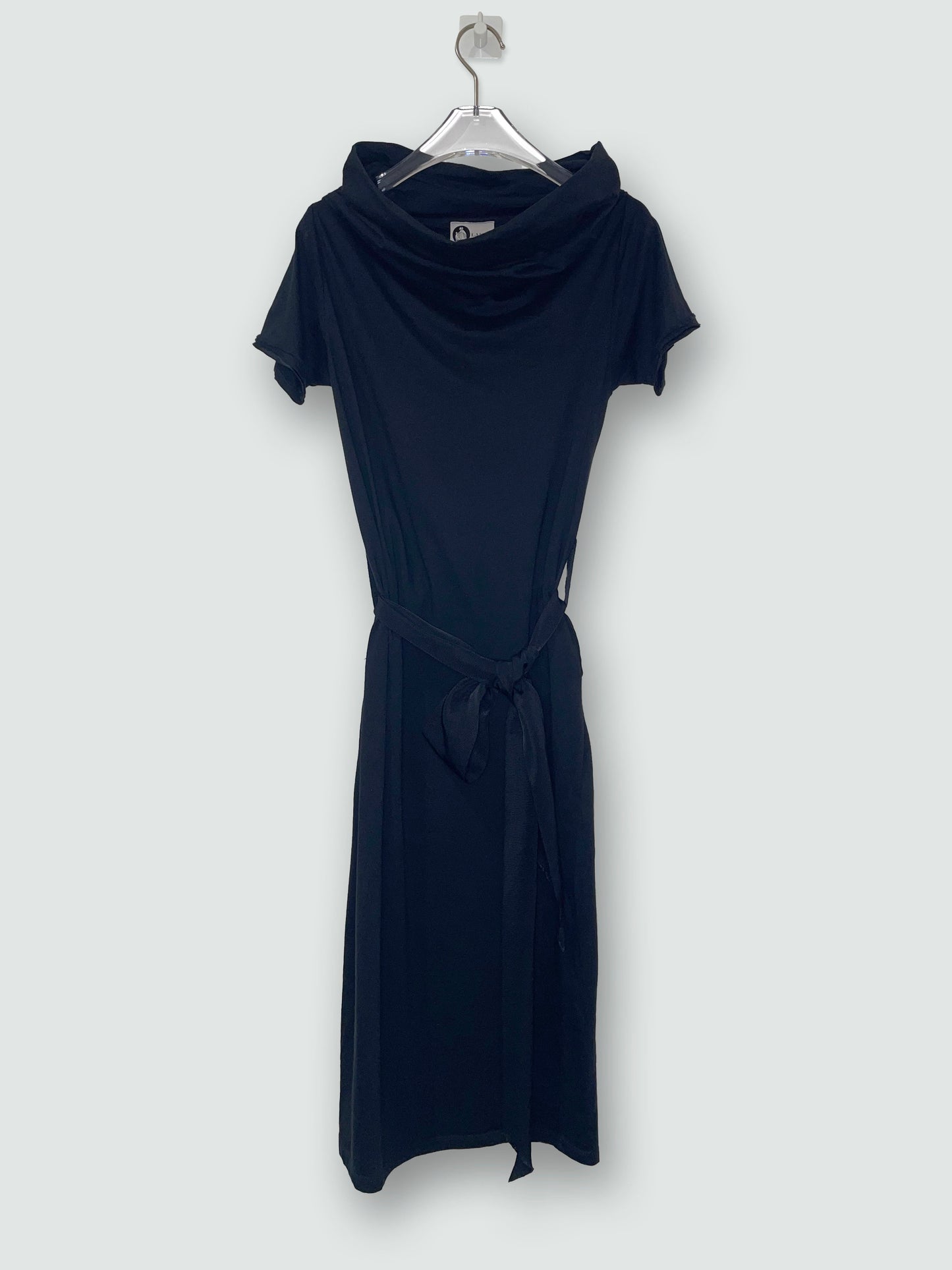 Black Cotton Statement High Neck Collar Dress w/ Silk Belt | Sz Small