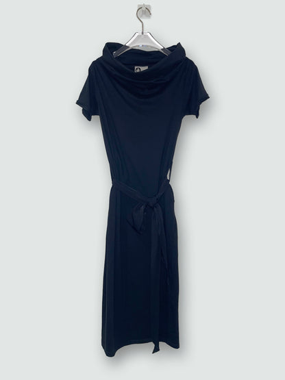 Black Cotton Statement High Neck Collar Dress w/ Silk Belt | Sz Small