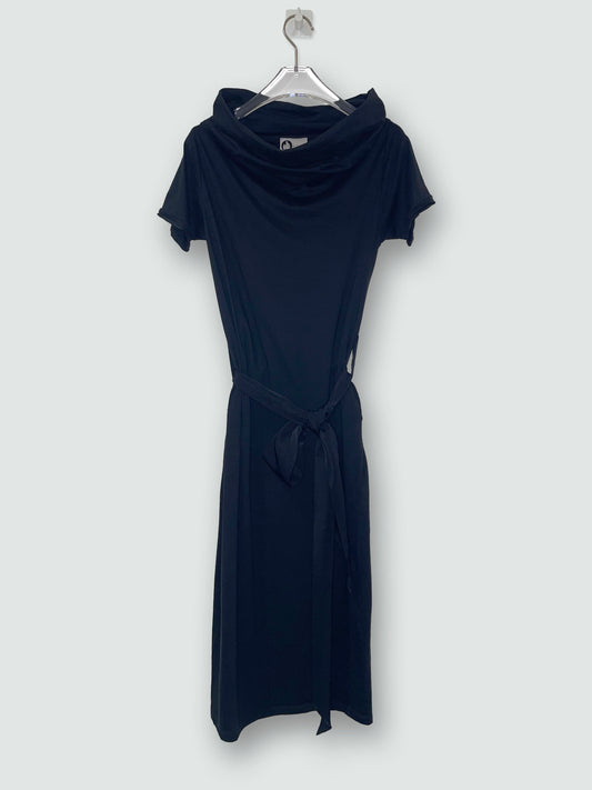Black Cotton Statement High Neck Collar Dress w/ Silk Belt | Sz Small