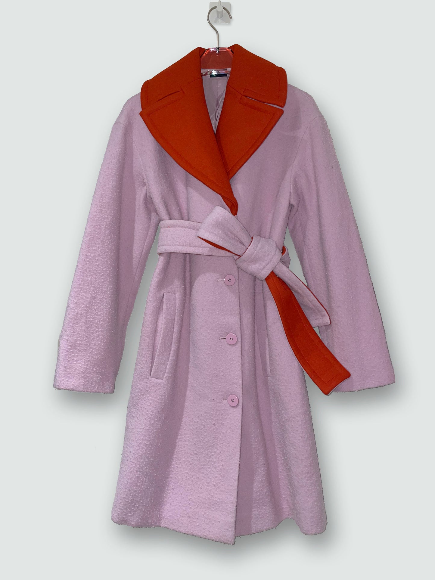 Pink 100% Virgin Wool Coat Red Collar, Belt | GR32, UK6, XSmall