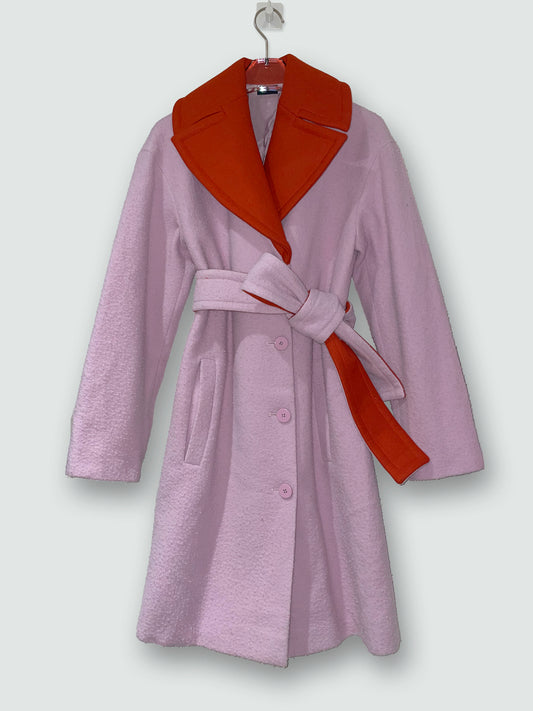 Pink 100% Virgin Wool Coat Red Collar, Belt | GR32, UK6, XSmall