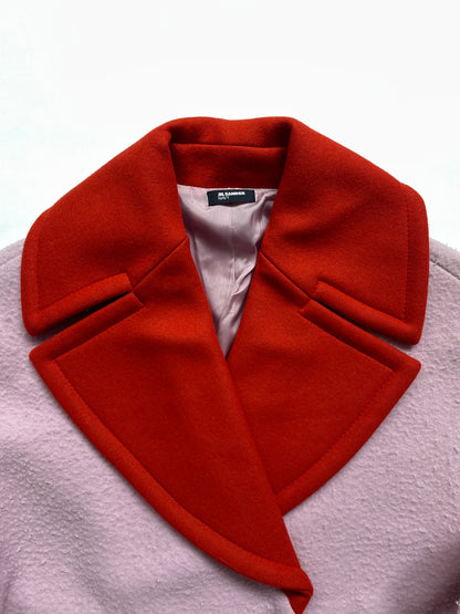 Pink 100% Virgin Wool Coat Red Collar, Belt | GR32, UK6, XSmall