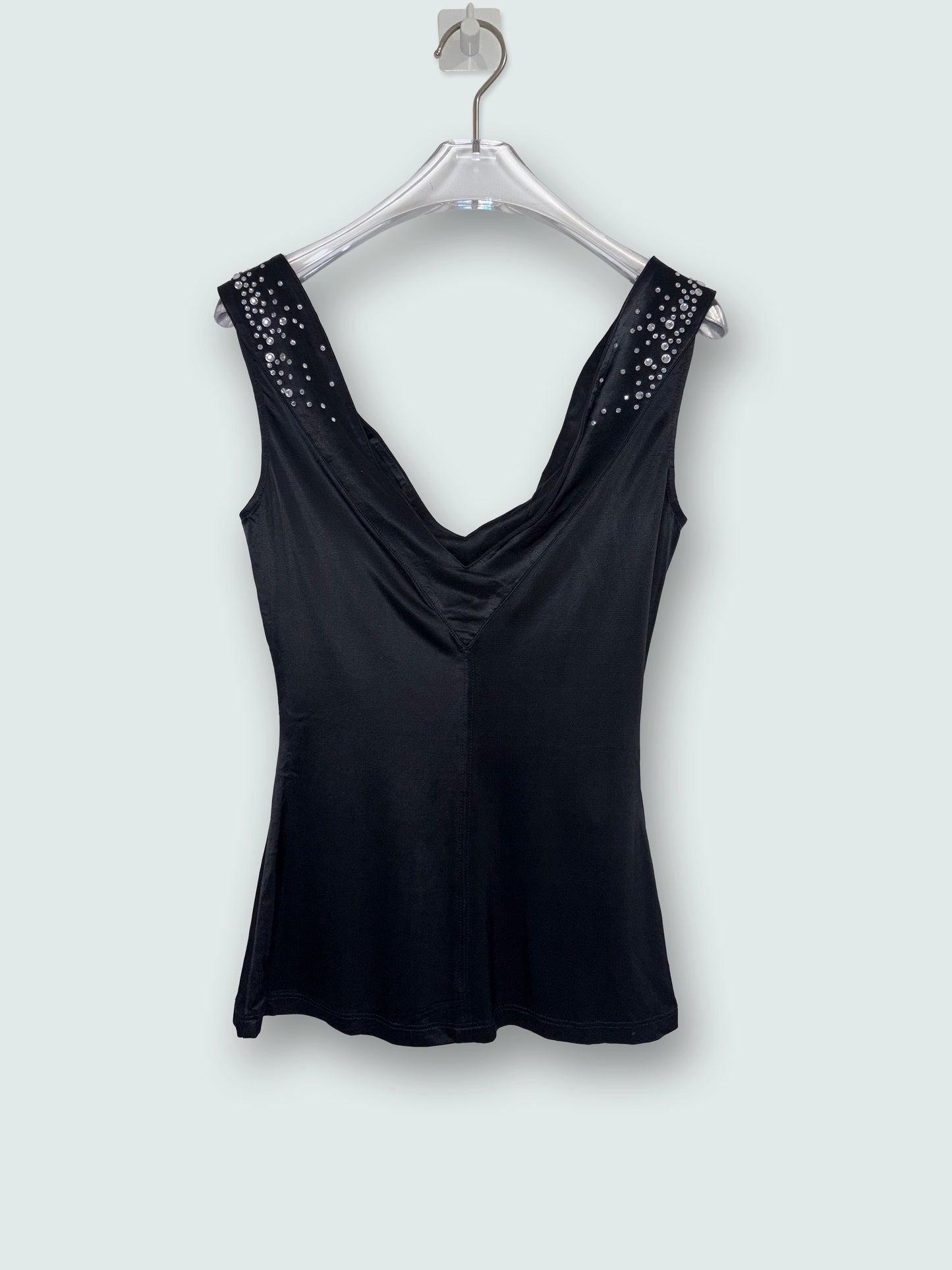 Crystal Rhinestone Embellish Bedazzled V-Neck Black Top | Sz FR36