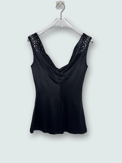 Crystal Rhinestone Embellish Bedazzled V-Neck Black Top | Sz FR36