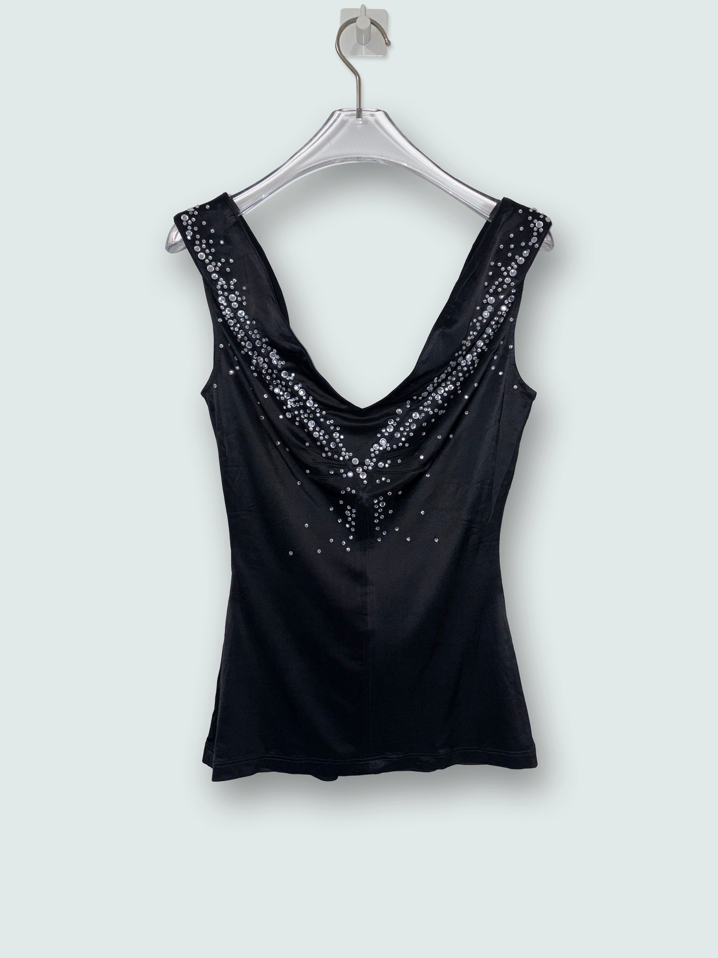 Crystal Rhinestone Embellish Bedazzled V-Neck Black Top | Sz FR36