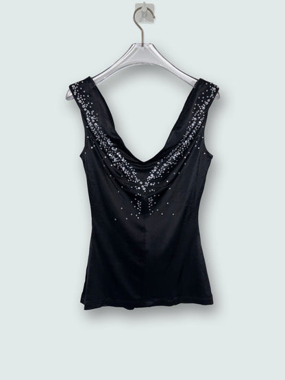 Crystal Rhinestone Embellish Bedazzled V-Neck Black Top | Sz FR36