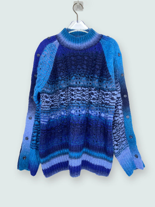 Knit Mock Neck Sweater Ombre Blue Button Sleeve | Sz Medium