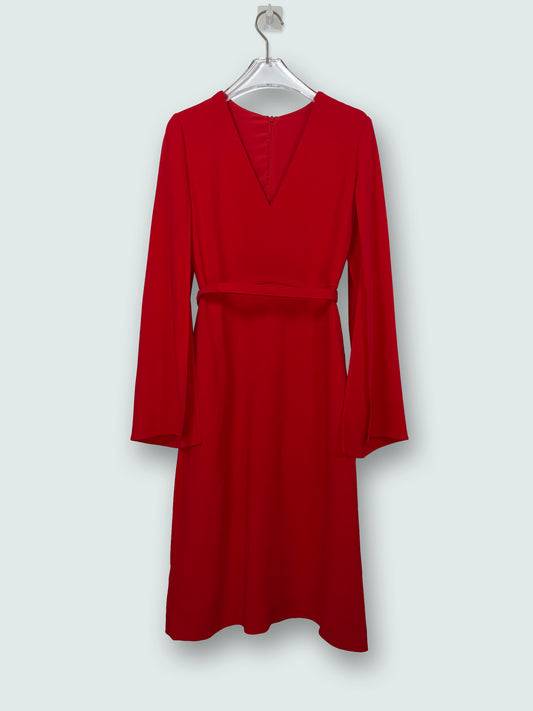 Slit Sleeves Silk Lined Belted Midi Dress Red | Sz IT 38