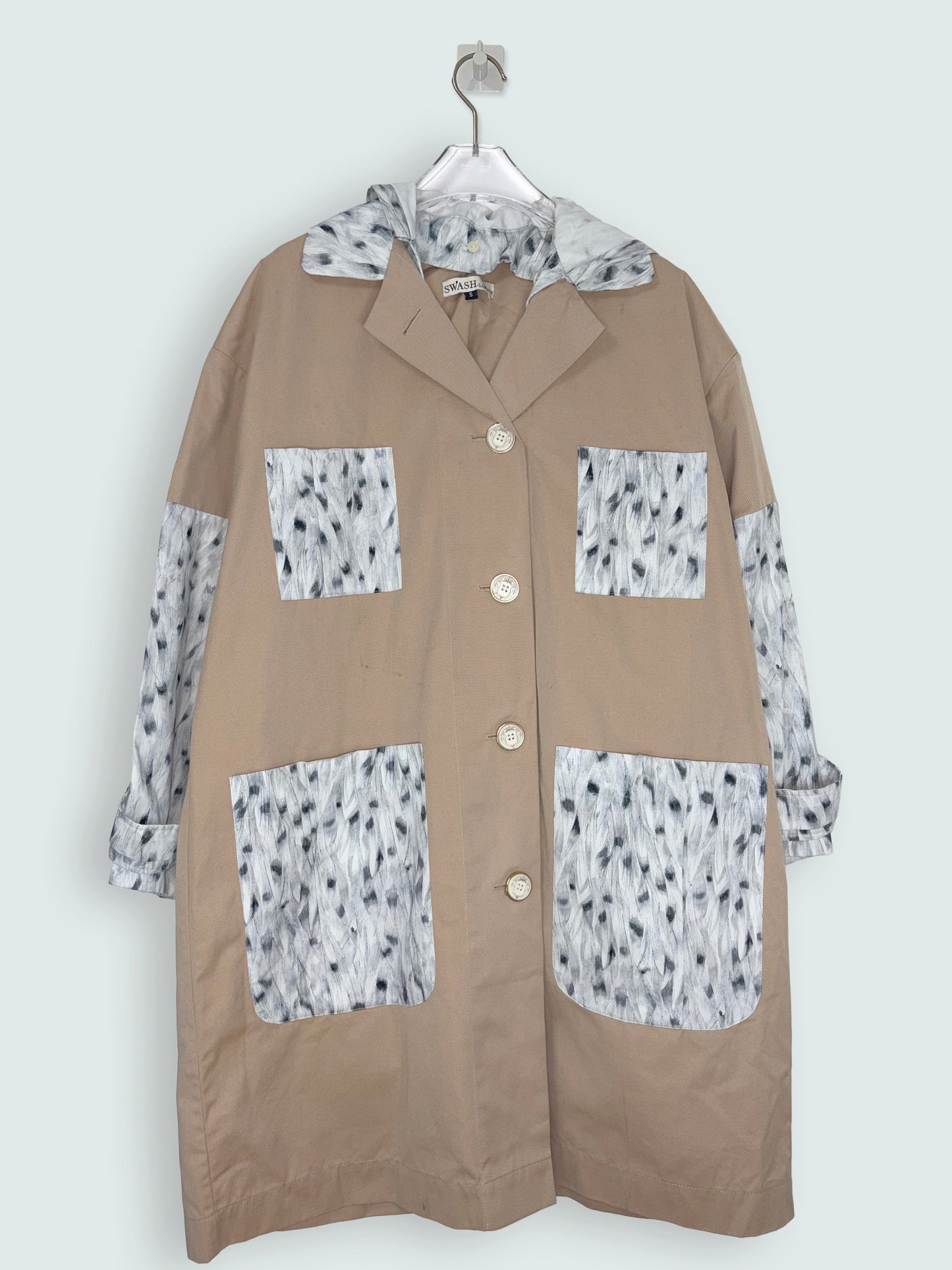 Beige Cotton Coat w/ Detachable Hood & Pattern Pockets | Sz Small