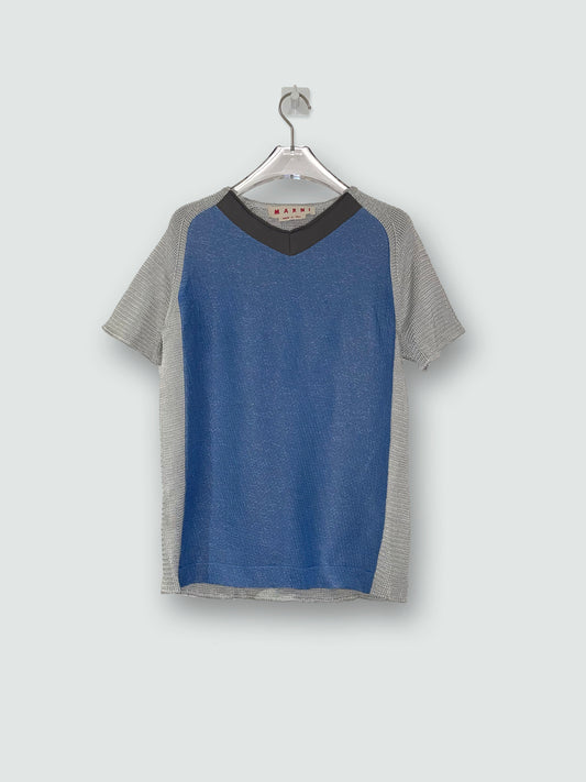 *RUNWAY* S/S 2008 Grey Short Sleeve Knit Blue Panel Top | IT38 UK6 US2 XS-S