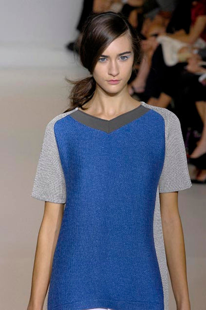 *RUNWAY* S/S 2008 Grey Short Sleeve Knit Blue Panel Top | IT38 UK6 US2 XS-S
