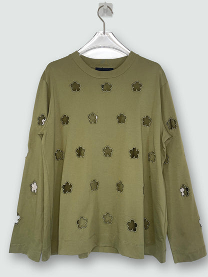 Olive Green Flower Cut Out Long Sleeve Tshirt | Size Large