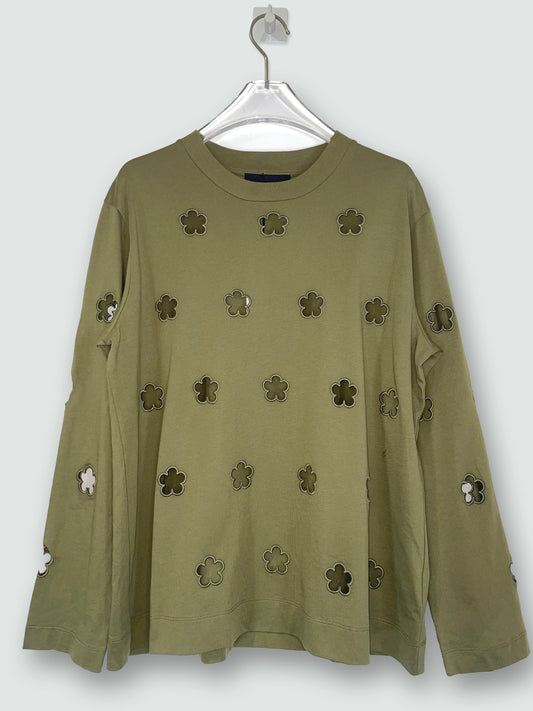Olive Green Flower Cut Out Long Sleeve Tshirt | Size Large