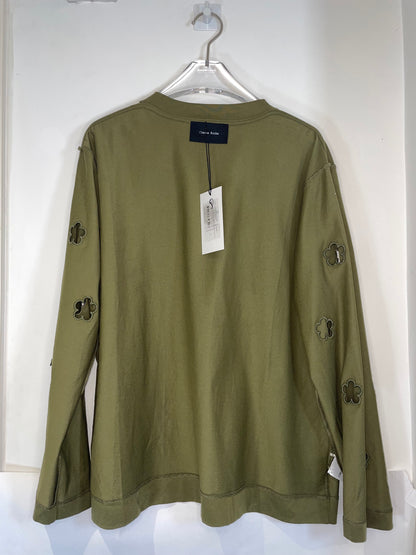 Olive Green Flower Cut Out Long Sleeve Tshirt | Size Large