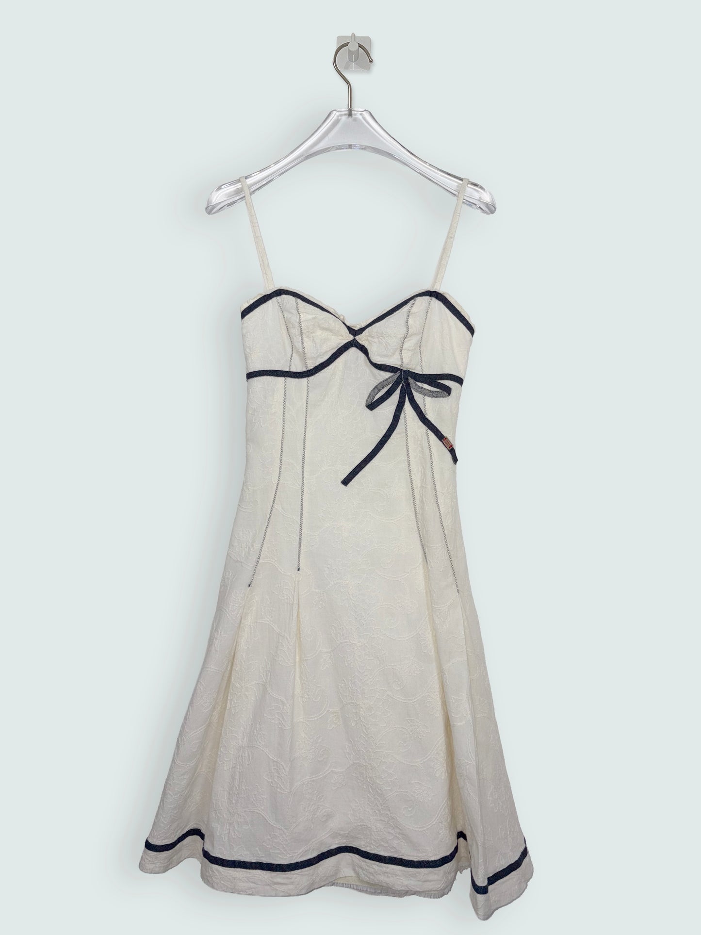 Vintage Y2K White Cotton Black Bow Trim Sun Dress Italy | Sz XSmall