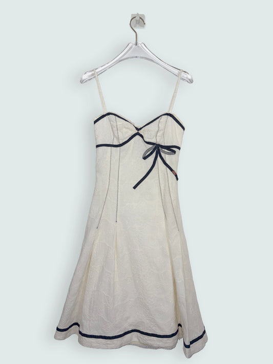 Vintage Y2K White Cotton Black Bow Trim Sun Dress Italy | Sz XSmall