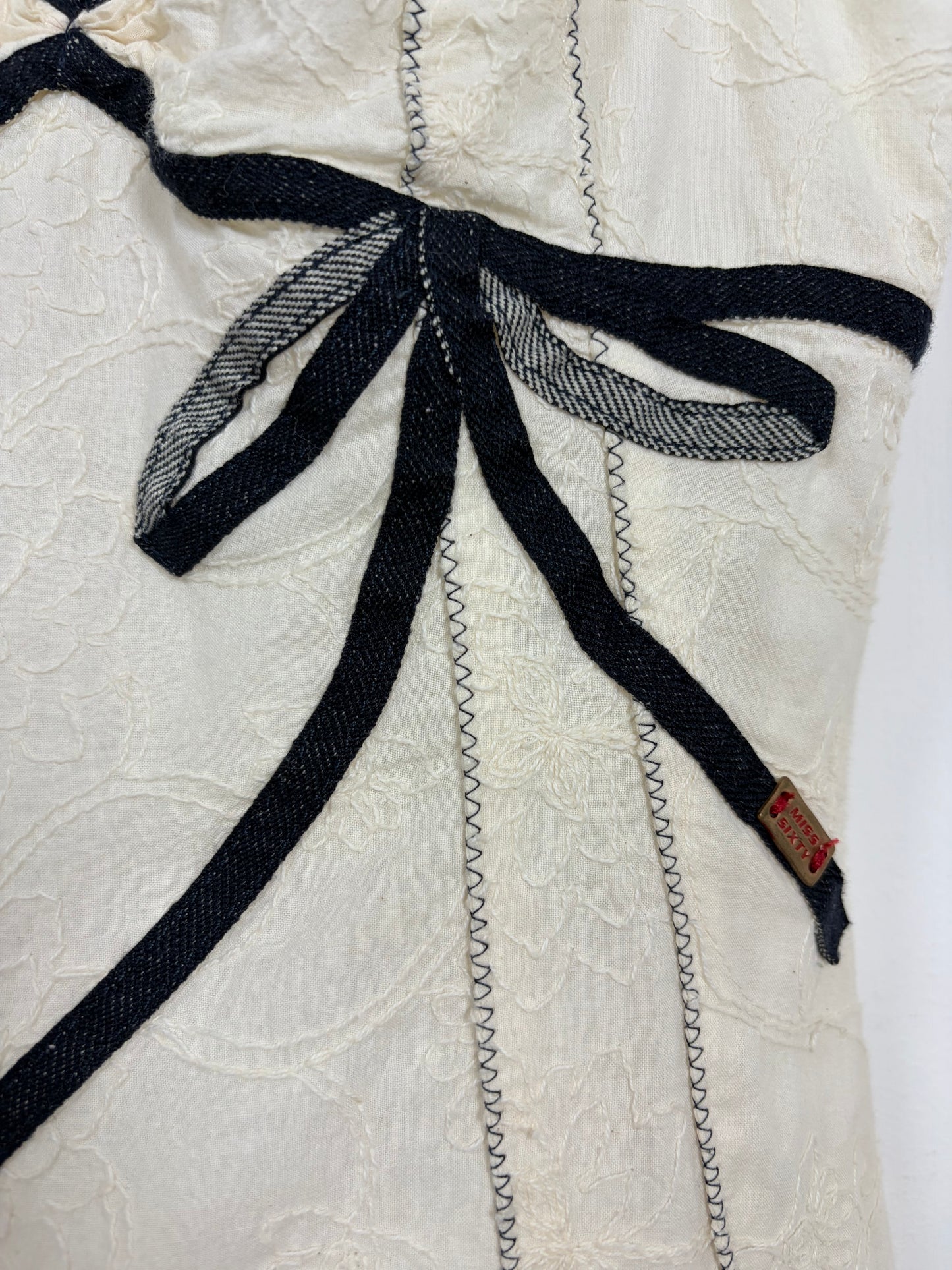 Vintage Y2K White Cotton Black Bow Trim Sun Dress Italy | Sz XSmall