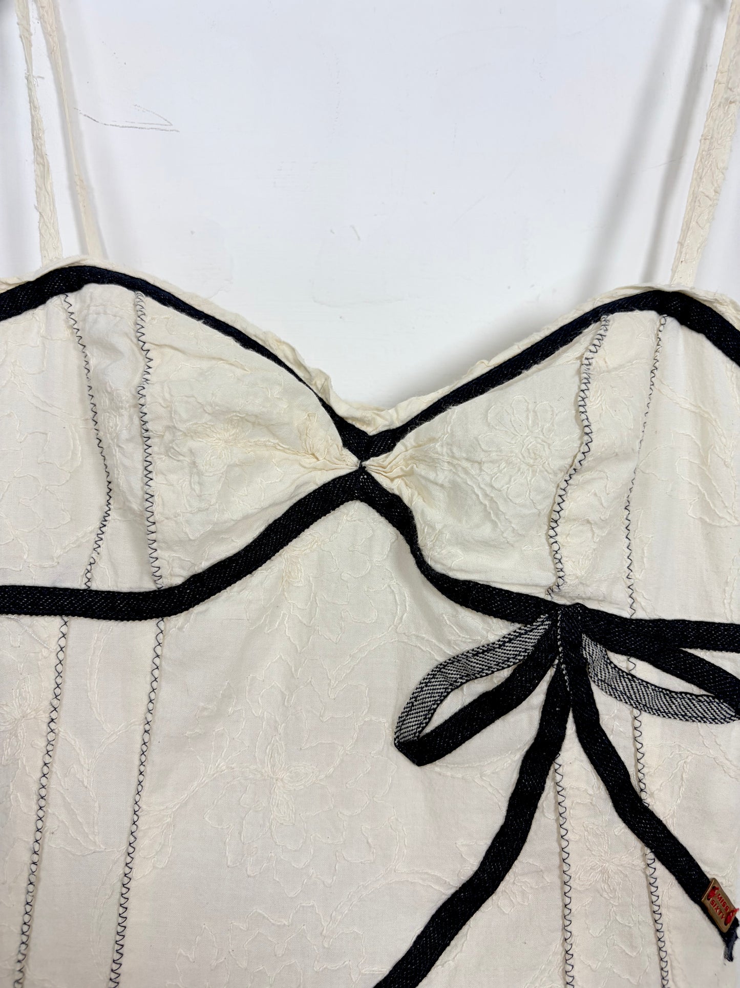 Vintage Y2K White Cotton Black Bow Trim Sun Dress Italy | Sz XSmall